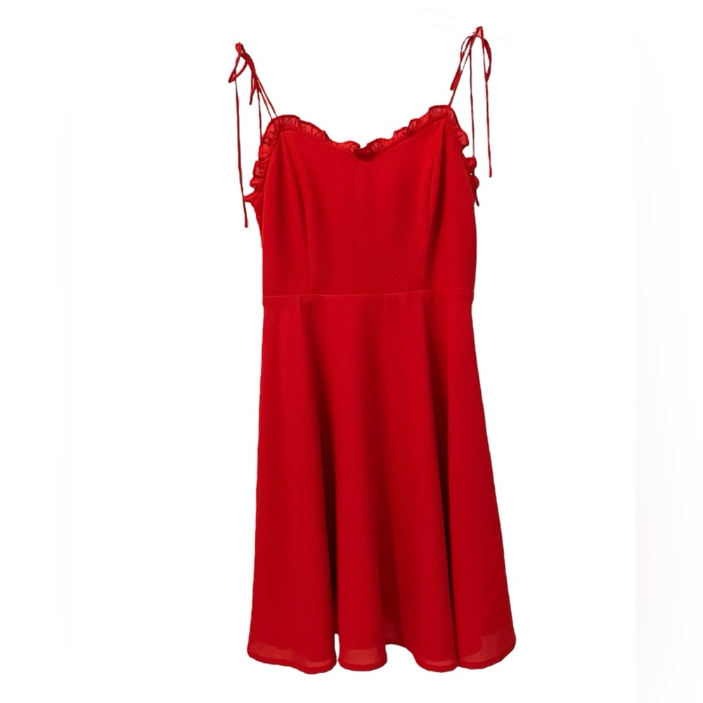 EUC AURA Venetian Red Crepe Ruffle Spaghetti Strap Mini Dress Size Small